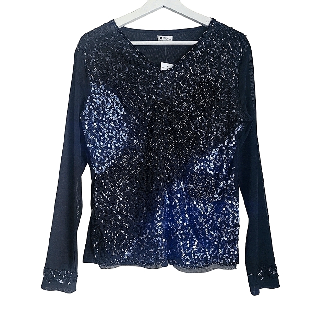 NWT Melanie Lyne Textured Sequins Chiffon Long Sleeve Top in Black Size…